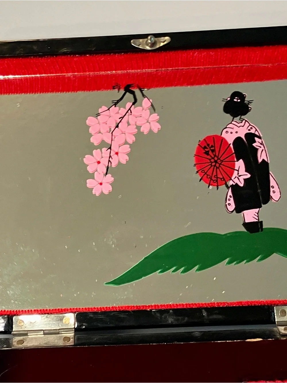 Vintage 70s 80s Japan Style Musical Jewelry Box Cherry Blossom Wood Inlay TLC